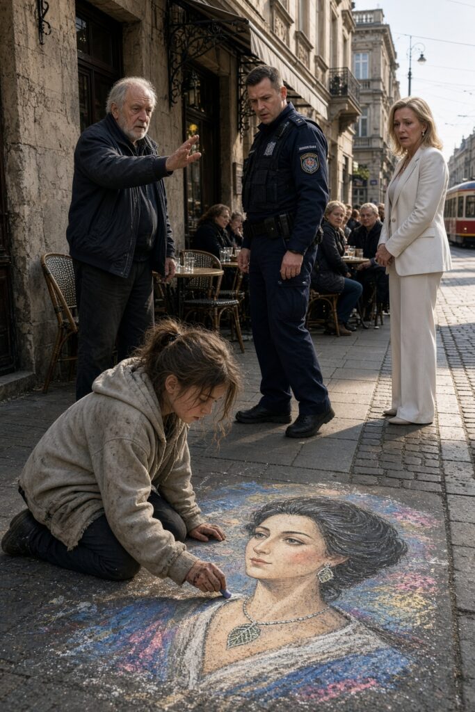 Dziewczynka rysuje tajemniczy portret kredą
