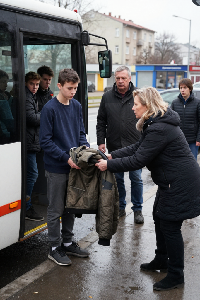 Nastolatek odzyskuje kurtkę przed autobusem