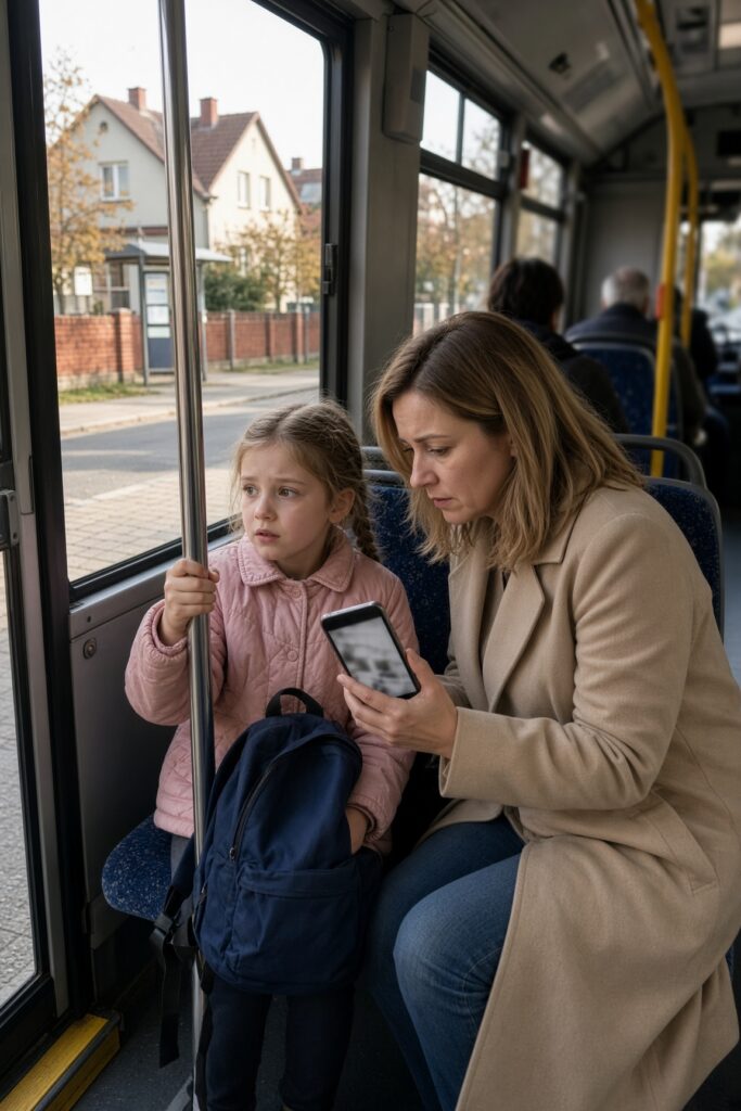Przestraszona córka ostrzega matkę autobusie