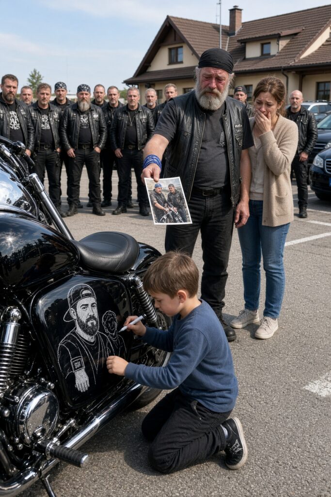 Chłopiec rysuje motocykl zmarłego ojca
